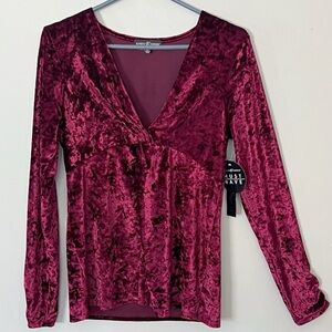 NWT Almost Famous Crushed Velvet V Neck Top Burgundy Maroon Large Long Sleeve